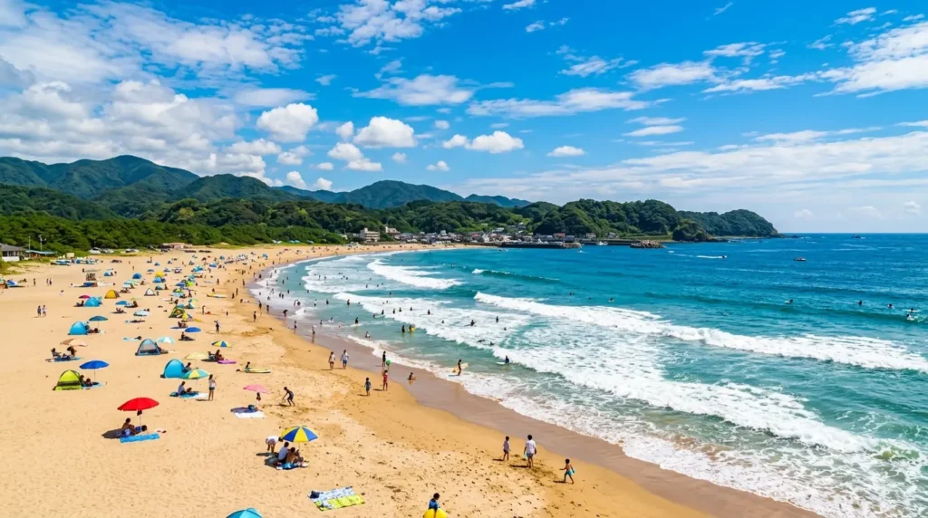 広々とした砂浜がどこまでも続く宇佐美海岸の夏の景色
