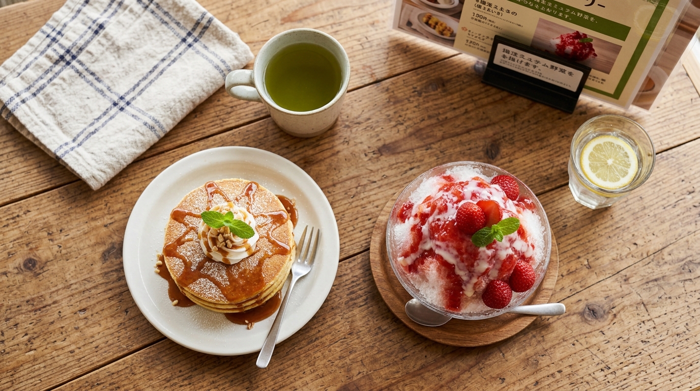 デニーズ藤枝店のキャラメルパンケーキとかき氷のアイキャッチ画像